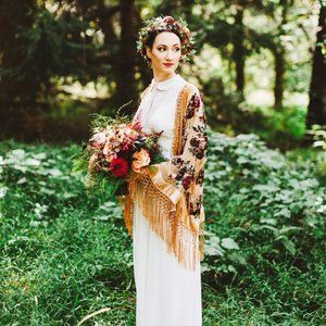 Boho Vintage Kimono Jacket Velvet Fringe Wedding Duster, Ochre Orange Floral